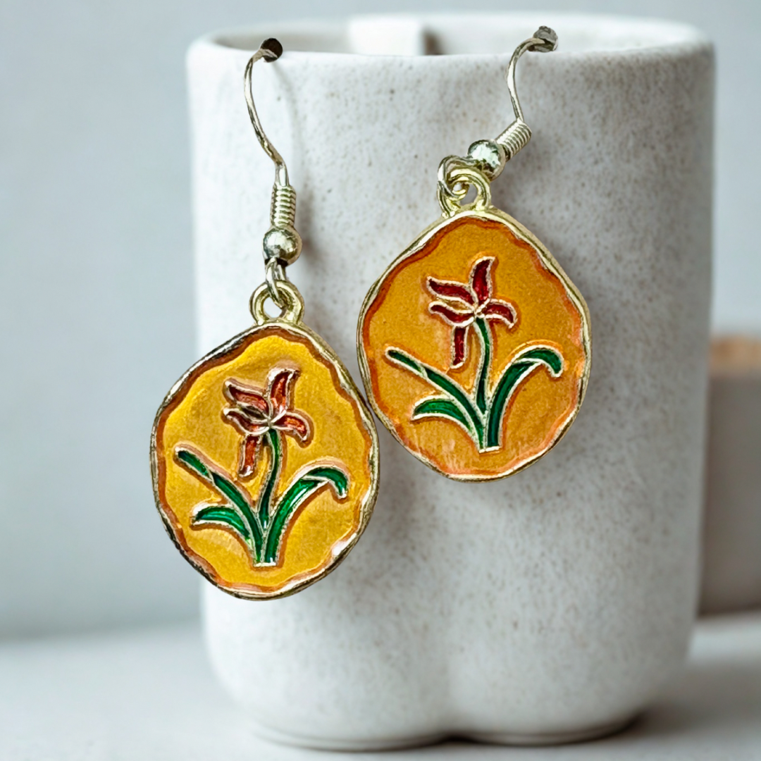Golden Flower Enamel Earrings