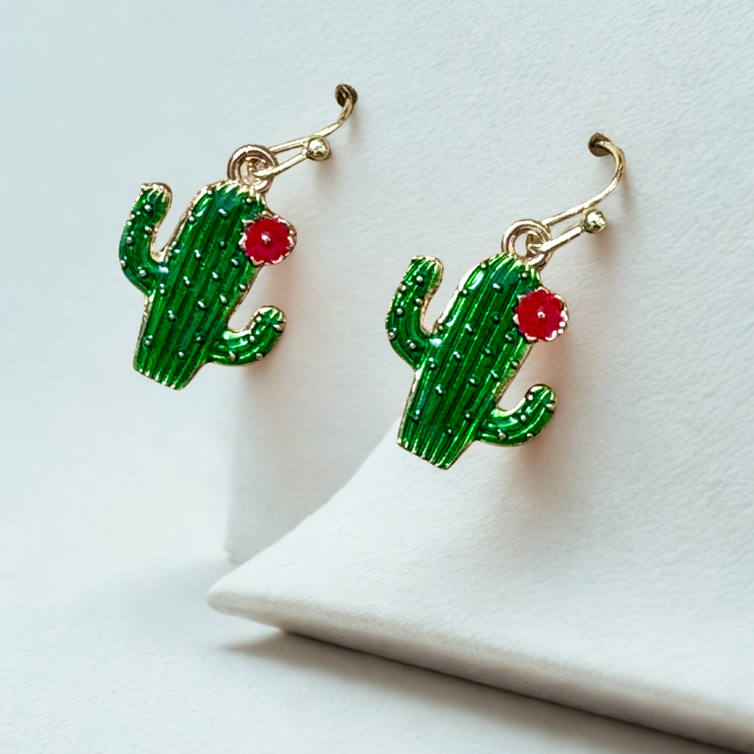 Cactus With Red Flower Earrings