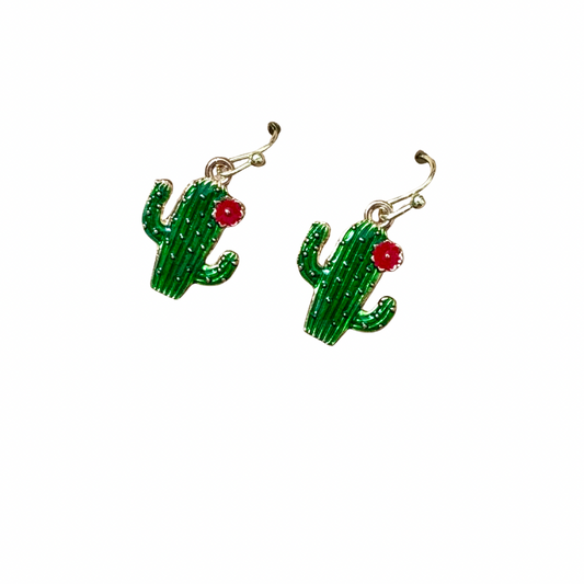 Cactus With Red Flower Earrings