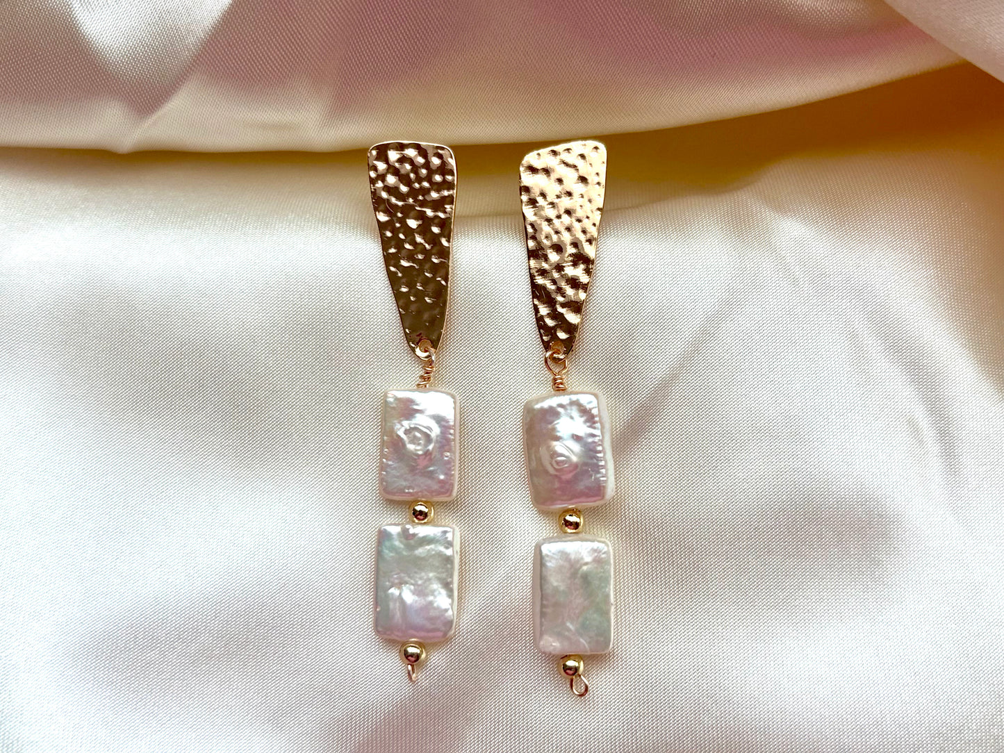 Daphne iridescent square pearl drop earrings with textured gold-tone accents by LottiePopClub.