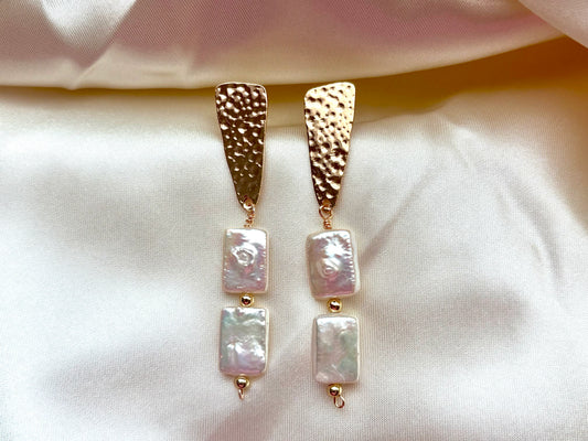 Daphne iridescent square pearl drop earrings with textured gold-tone accents by LottiePopClub.